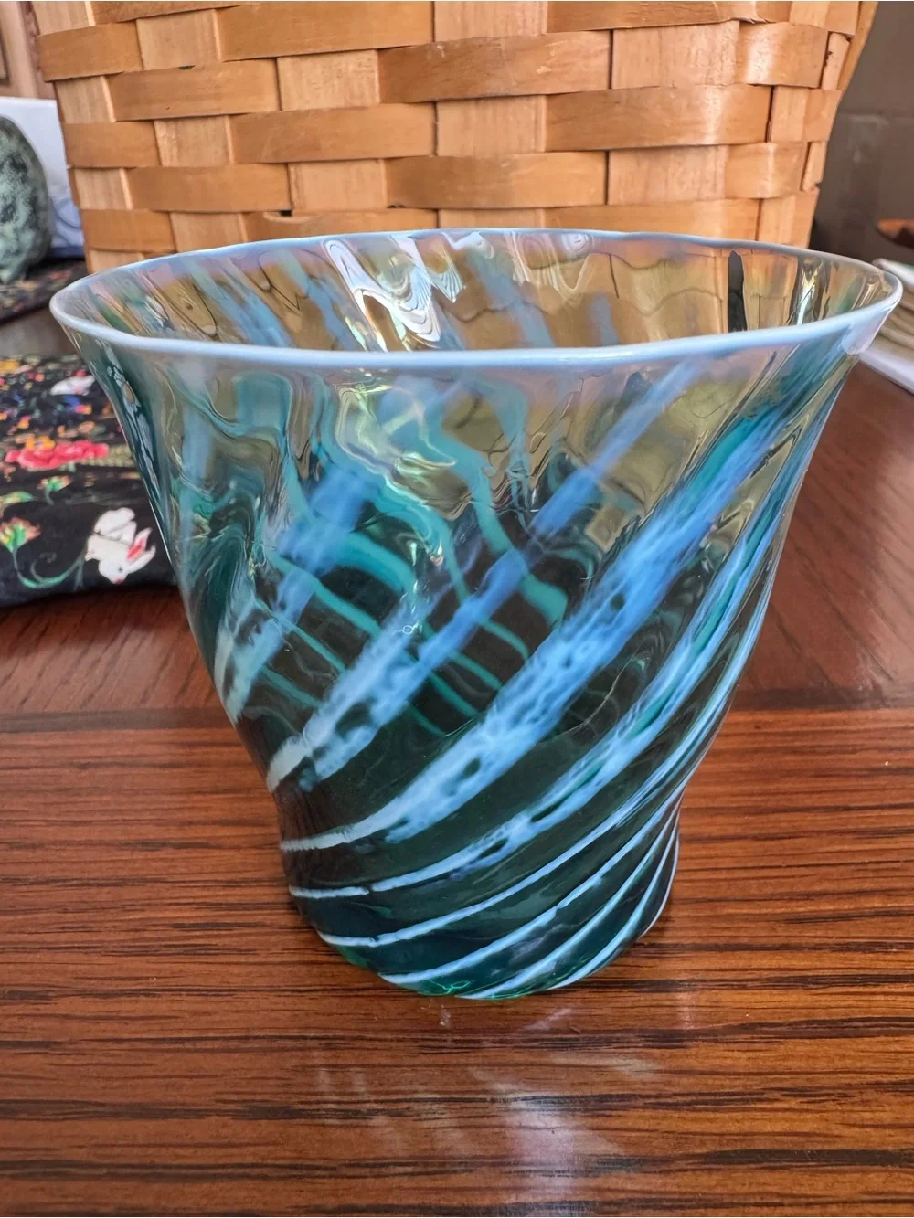 Fostoria Homespun Drinking Glass Vintage Blue Opalescent Tumbler MCM Swirl Teal